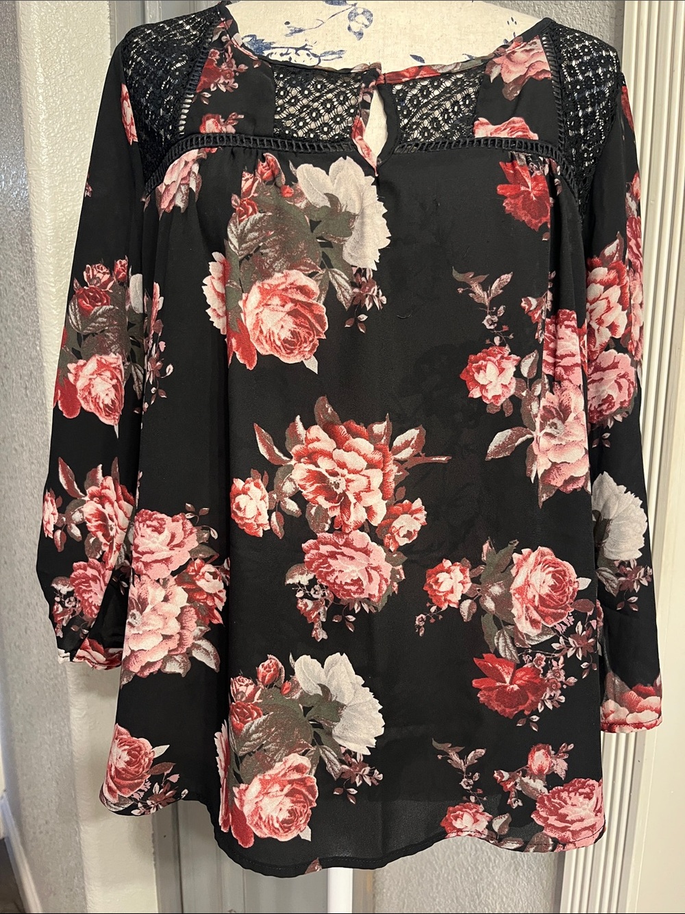 Rewind Black Floral Blouse with Pink and Red Roses